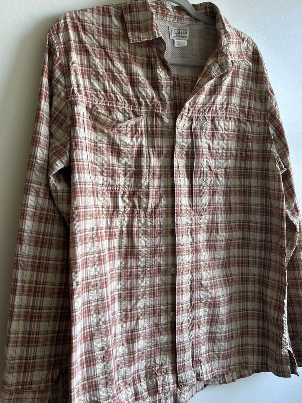 L.L. Bean Men's Tan and Red Plaid Button-Down Shirt